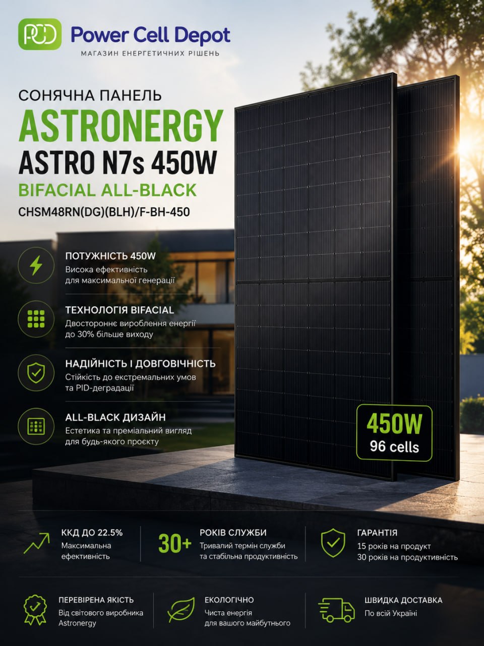 Монокристалічна сонячна панель Astronergy ASTRO N7s CHSM48RN(DG)F-BH Bifacial (450Вт)