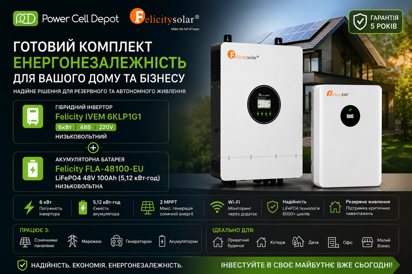 Комплект енергонезалежності FELICITY-6EU (Батарея 5кВт + Інвертор 6 кВт)